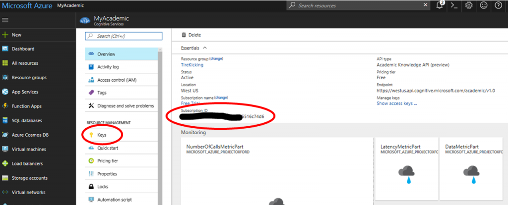 Note your Subscription ID under the Keys menu.