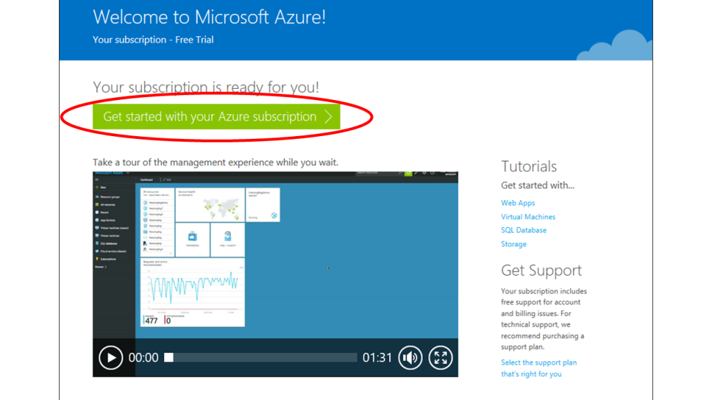 Azure get started screen
