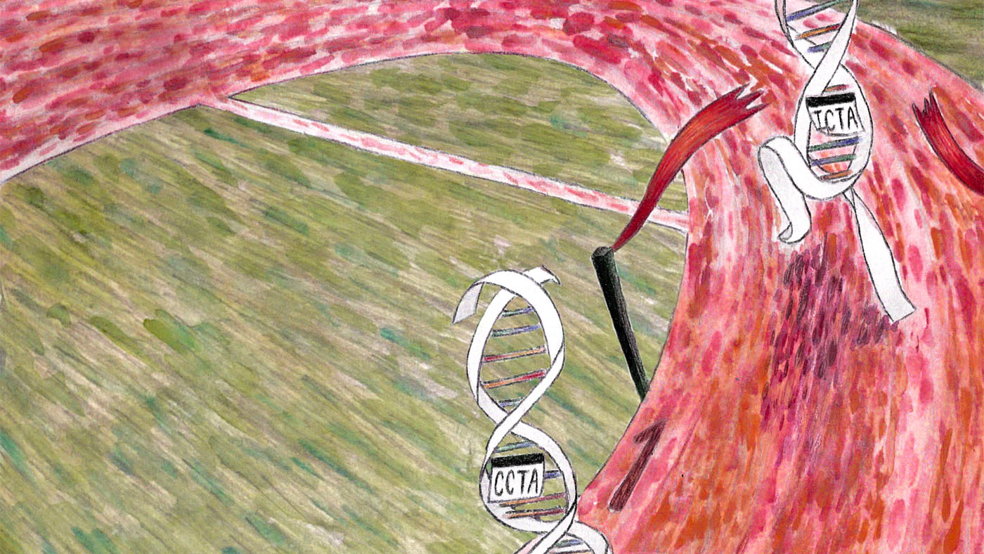 hand drawn image of ICTA dna strand beating CCTA around a racetrack