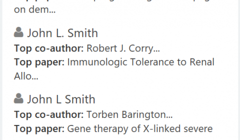 Screenshot of search results page showing list of more than 10 different authors with the same name.