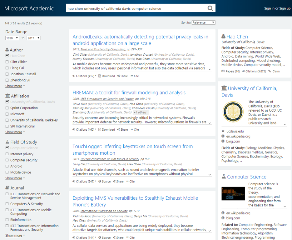 Screenshot of search results showing papers for Hao Chen, UC Davis Statistics