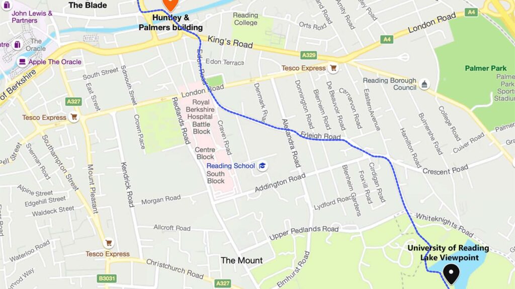 A map of Reading showing a route walked from Reading University to the town centre with key landmarks marked out on the map.