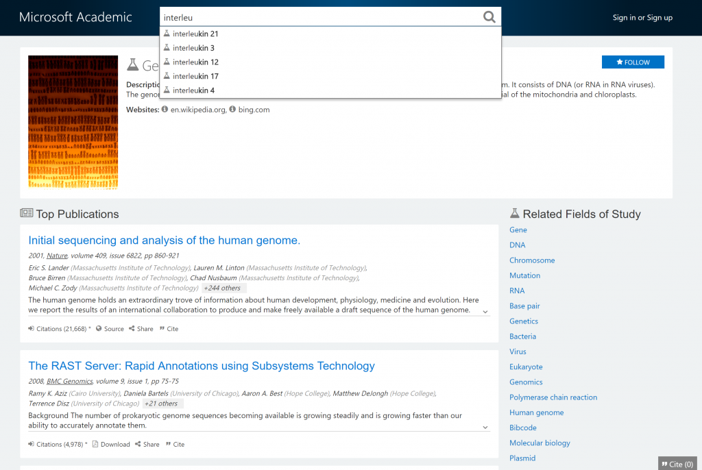 search box showing query suggestions for several interleukin genes