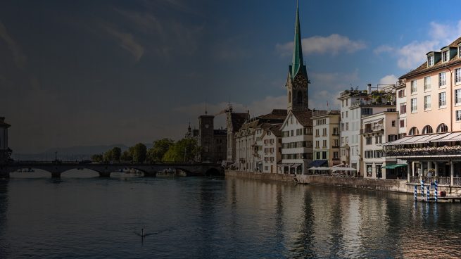 Zurich old town with the Limmat river flowing toward the Zurich lake in Switzerland