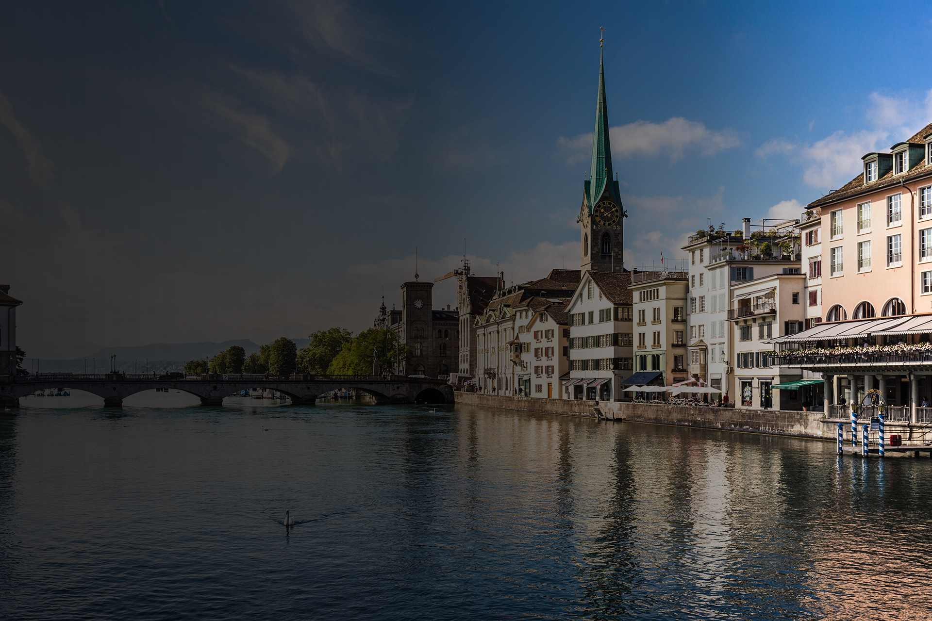Zurich old town with the Limmat river flowing toward the Zurich lake in Switzerland
