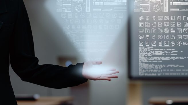 Business AI and IOT concept, Hand of businesswoman in gesture showing the various icon of smart city Internet of Things Technology on modern office