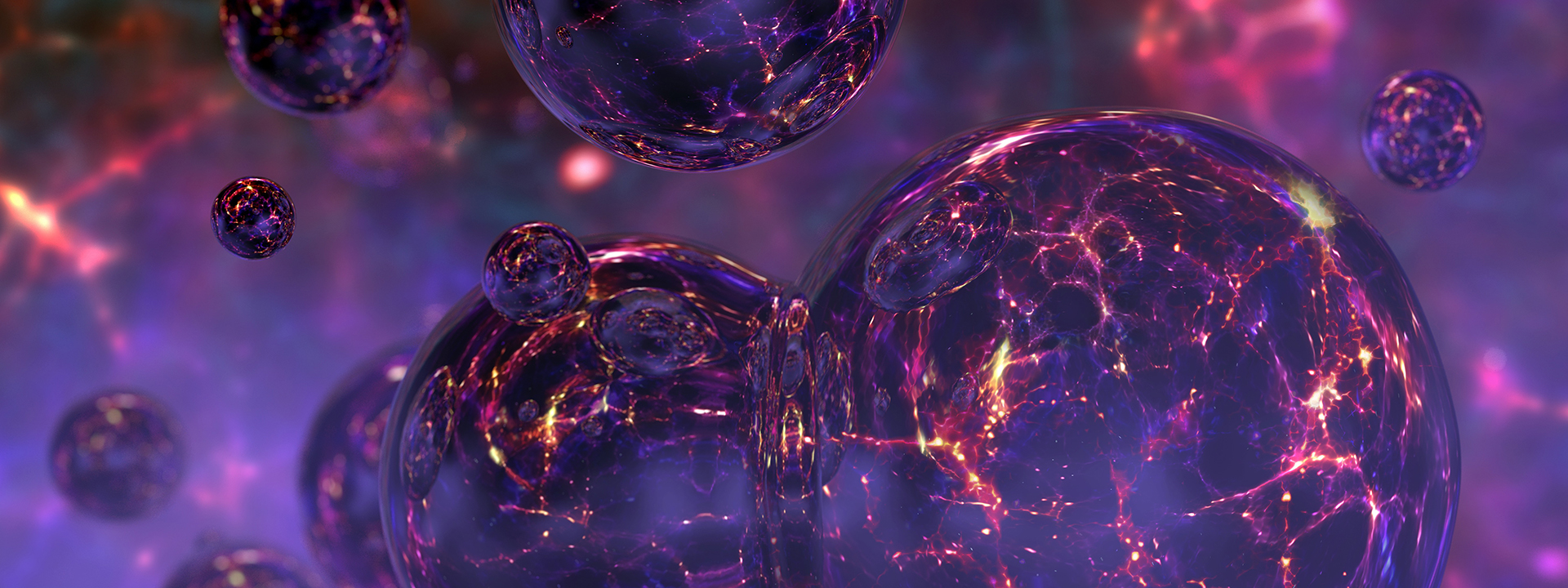 Bubble universes. Computer illustration of multiple bubble universes as predicted by the Eternal Inflation theory. The inflationary theory proposes that after the Big Bang, a condition known as a false vacuum created a repulsive force that caused an incredibly rapid expansion, much faster than the ordinary expansion observed today. Since this expansion is faster than the speed of light, areas of inflation would form bubbles that would be completely isolated from each other. This artwork could also represent the creation of separate parallel universes as fluctuations in a quantum foam.