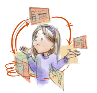 A drawing of a woman inside rotating documents