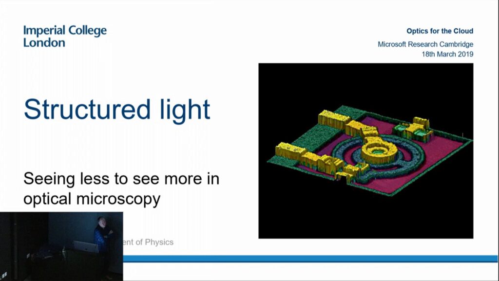 Mark Neil giving talk on Structured light: seeing less to see more in optical microscopy at Microsoft Research Cambridge