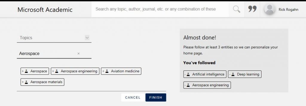 Screenshot of Microsoft Academic selected topics