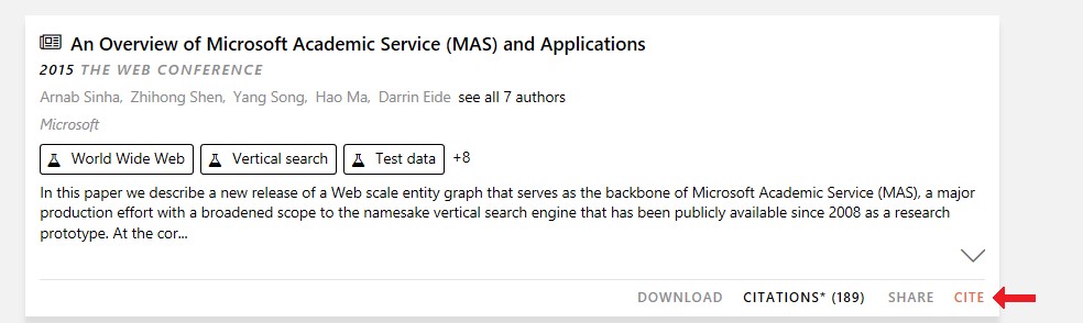 Screenshot of Microsoft Academic cite feature
