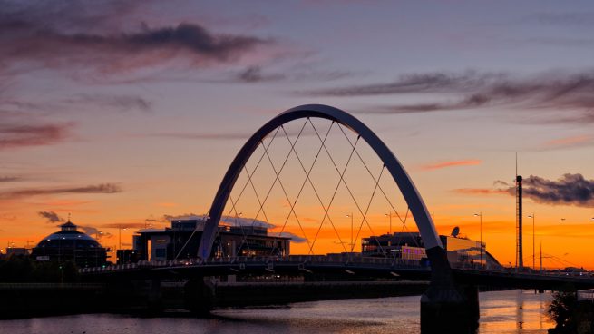 Sunset photo of the Clyde Arc in Glasgow, UK
