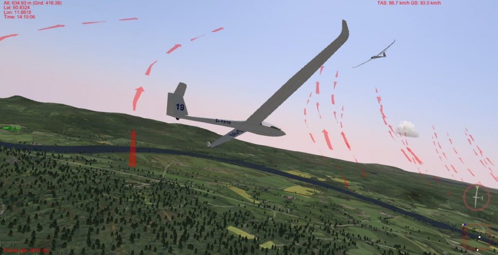 Figure 5: Software-in-the-loop simulation in Silent Wings. A Frigatebird-controlled LS-8b sailplane is trying to catch a thermal where another sailplane is already soaring on a windy day near Starmoen, Norway. For debugging convenience, Silent Wings indicates the centers of thermals and ridge lift, which are invisible in reality, with red arrows (this visualization can be disabled).