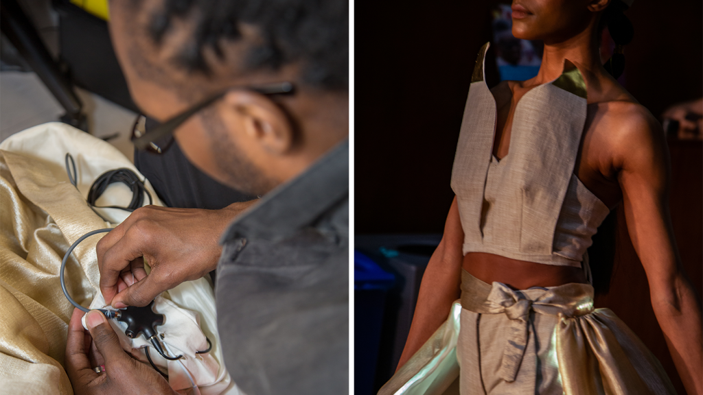 Designer Kenroy Tyrell incorporated LED lights that pulsated with each of his model’s steps into one of his looks, a cropped horned corset and floor-length trousers, for the BKLYN Fashion Academy runway show. The lights were activated by motion sensors in the model’s pant legs.