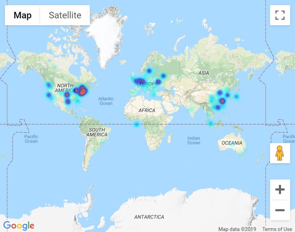 Ethereum nodes are located around the world. Locations are as of July 4, 2019. Source: https://www.ethernodes.org