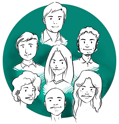 Foreground: Pencil drawings of seven people, both men and women. Background a large green circle.