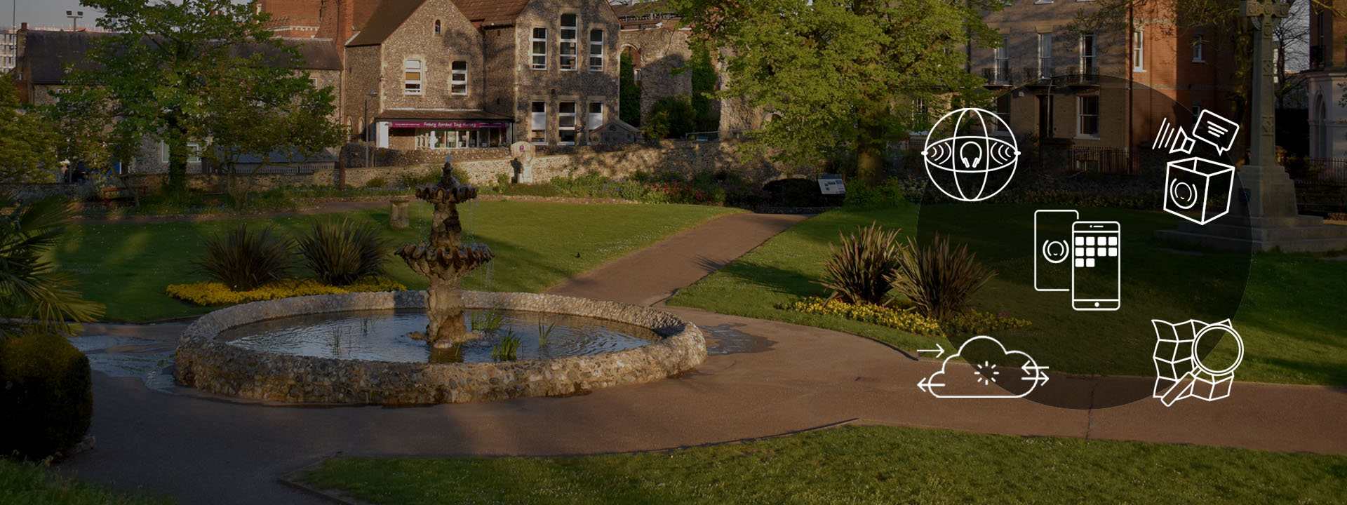 Photo of a park overlaid with Soundscape icons