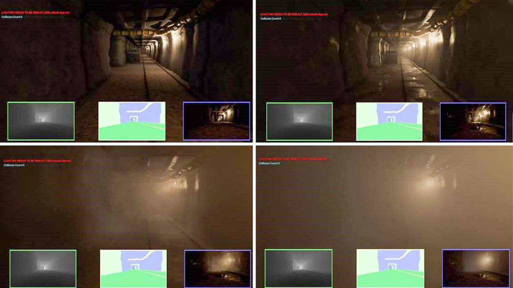 Snapshots from the AirSim simulation showing the effects of different conditions such as water vapor, dust and heavy smoke. Such variations in conditions can provide useful data when building robust autonomous systems.