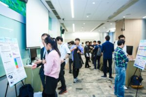 a group of people standing in a room