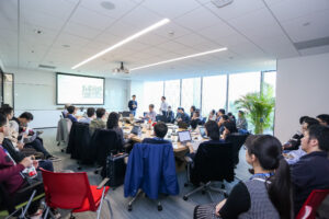 a group of people standing in a room