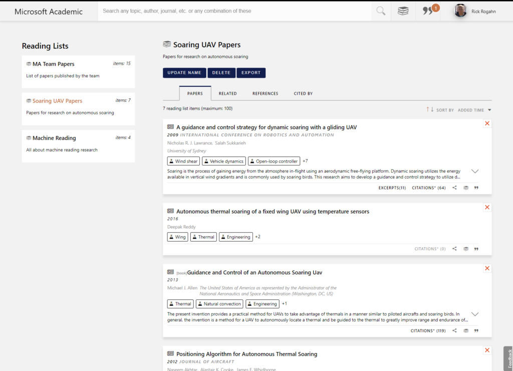 Microsoft Academic reading list screenshot