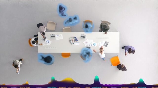 A hybrid workspace throughout with both onsite and virtual people at and around a long table