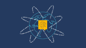 line illustration of the Earth with lines of code and artificial intelligence at the center