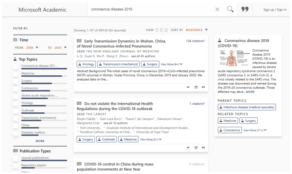 Microsoft Academic - COVID-19 results