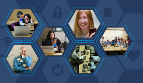 A collage of information workers displaying a range of emotions while at work.