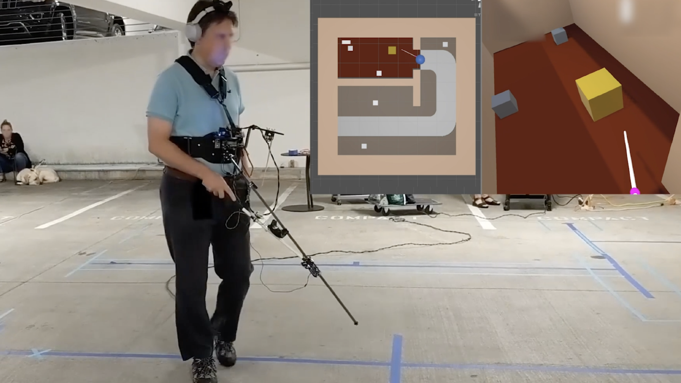 A man uses a VR white cane controller in an empty parking garage. Two small images in the upper right show a rendered overhead view of a room and a virtual white cane pointing at a yellow cube-shaped virtual object. 