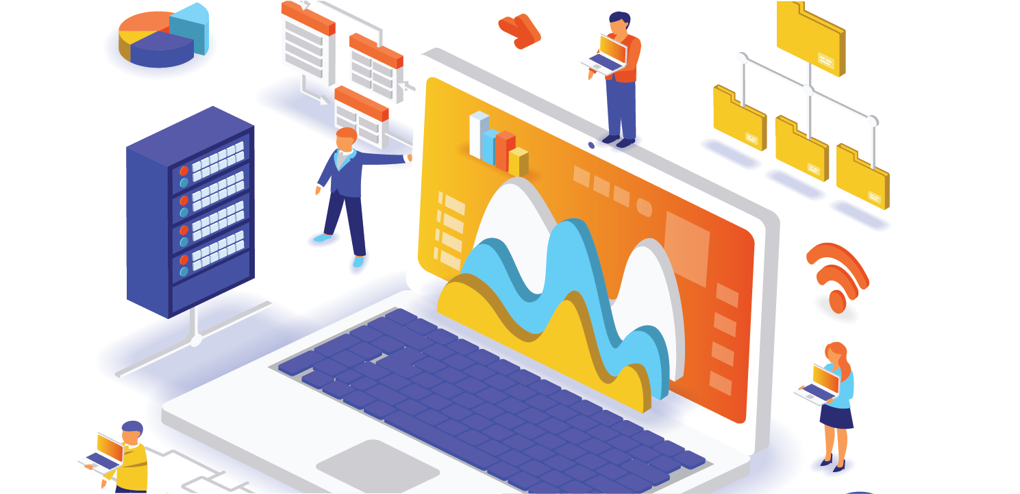 Artwork of computers and IT admins and global work