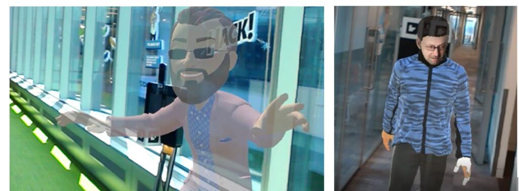 On the left, a cartoon representation of a person overlaid on a telepresence robot moving in the hallway of an office. On the right, a photorealistic representation of a person overlaid on a telepresence robot moving in the hallway of an office.