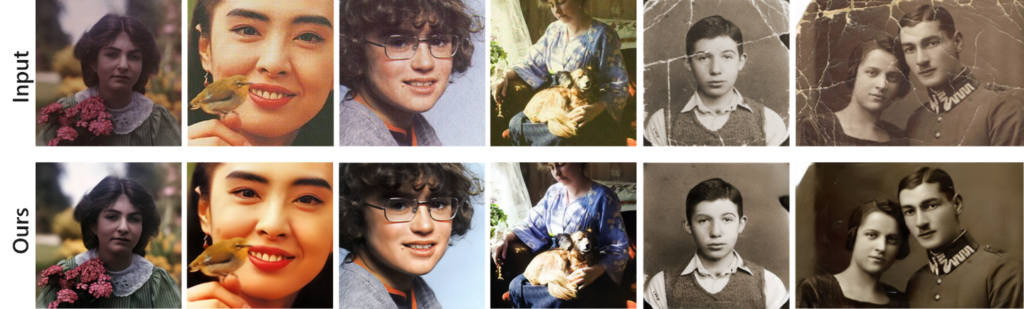 Six different images show the original photo and a much improved version after being run through the model. Image one: a faded image if a girl holding flowers. Image two: A headshot of a faded woman smiling and holding a bird perched on her hand in front of her face. Image three: a faded and discolored image of young person with long hair and glasses with a forced smile. Image four: A faded and discolored image of a woman wearing a dress with a dog in her lap. Image five: A cracked and bent black and white image of a boy wearing a vest and dress shirt. Image six: a severely cracked black and white image of a couple. The man wears a vintage military uniform and the woman wears a vintage dress. All of the images have a similar high quality with imperfections removed after being run through the model. 