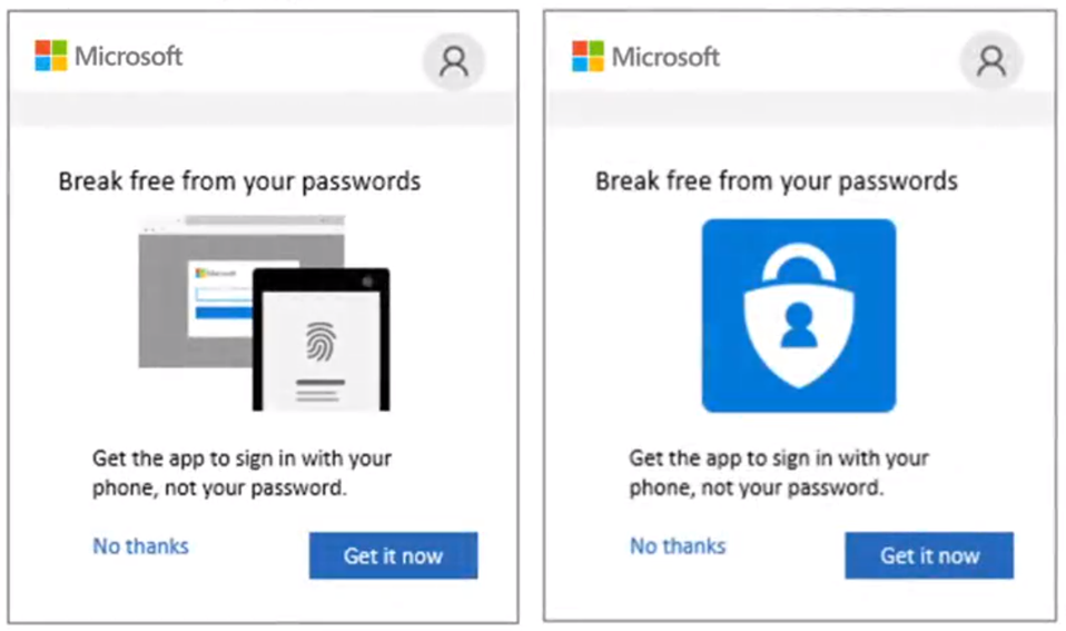 Two designs prompt users to use the authenticator app