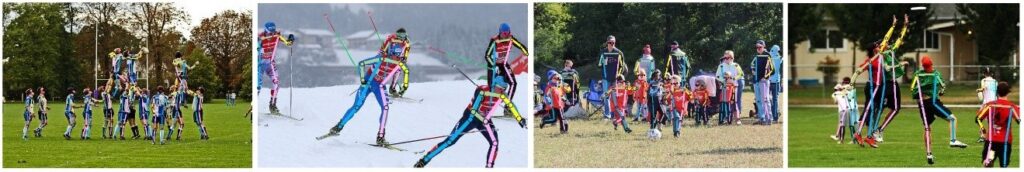 4 images from left to right. Bright neon colors show straight lines connected to dots showing pose estimation results: 1. A team wearing uniforms forms a human pyramid on a playing field. 2. Five cross country skiers ski across a snow-covered track. 3. Children playing soccer on a grass field while adults stand behind them as spectators against a backdrop of trees. 4. An ultimate frisbee player jumps to grab a frisbee and a defender also jumps in front. Another player stands in the foreground watching.