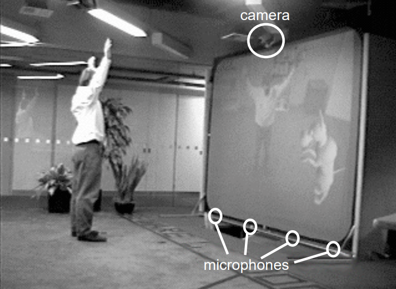 audio and acoustics: man standing in front on a large VR screen with hands up