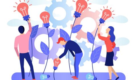 A group of people collects the fruits of plants in the form of a light bulb idea