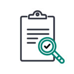 clipboard magnifying glass and tick icon