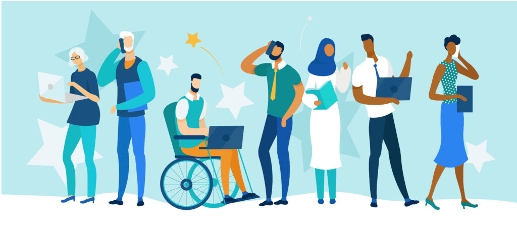 Diverse Multiracial and Multicultural People of Different Ages and Gender, Healthy and Disabled Characters Stand in Raw with Gadgets. Young and Old Business People. Cartoon Flat Vector Illustration