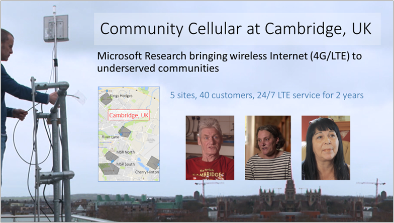 Community Cellular at Cambridge, UK

Picture of a cellular tower installation with a map showing the network location in Cambridge, UK, plus pictures of three customers