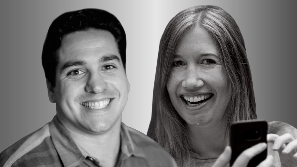 Two people side by side, Matt Brodsky on the left and Jaime Teevan on the right, in black and white smile and look forward. Teevan is holding a cell phone.