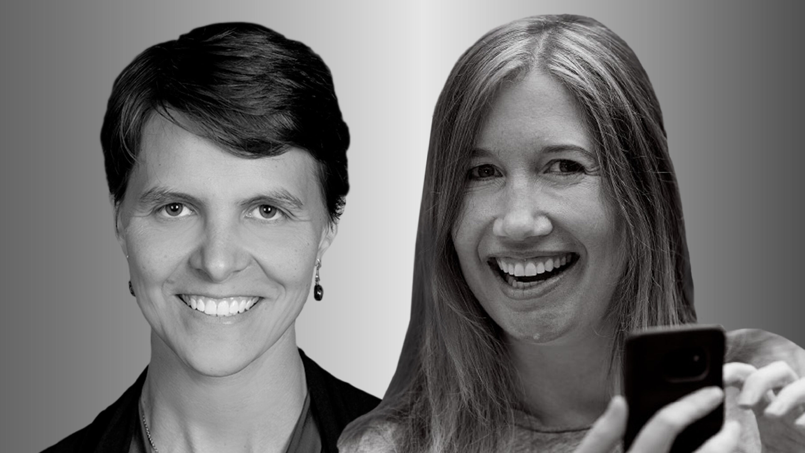 Two women side by side, Sonia Jaffe on the left and Jaime Teevan on the right, in black and white smile and look forward. Teevan is holding a cell phone.