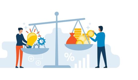 Woman putting her creative ideas on a dish of a scale and investor adding cash money on the other dish