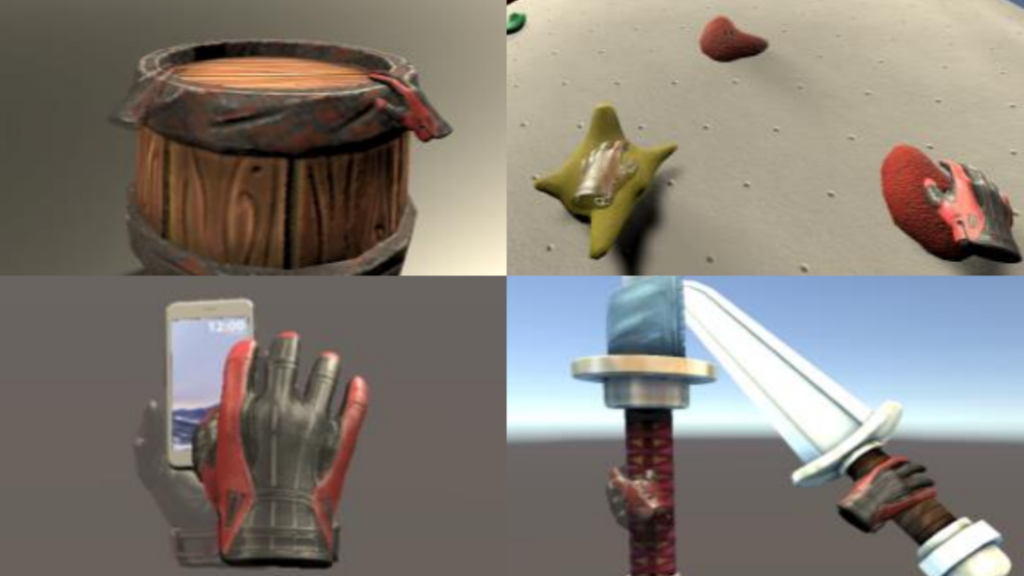 Four Two-in-One techniques are shown in which an opaque glove represents the real hand and a transparent glove the virtual hand