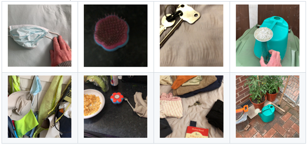 Two rows of images that were submitted by users. Top: an off-center image of a light blue surgical mask and a hand touching the left ear loop, an upside-down blue and bright pink pet brush in the upper left of the frame, an image of a set of gold keys that are partially cut off in the frame, a teal watering can shot at a sharp angle with a hand in the foreground. Bottom: a partial image of a set of wall hooks full of clothes and other miscellaneous items including the surgical mask, a black countertop with the blue and bright pink pet brush in the center of the frame with partial images of a cereal bowl, a bag of bananas, and a beige bag; a blurry image of the gold keys on a bed with towels, clothing and a book all cropped; an overhead view of the teal watering can and partial images of plants on a brick patio.