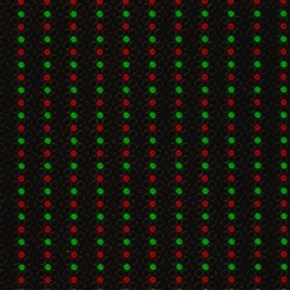 An enlargement of the DNA synthesis array in Figure 2 F, where the green and red fluorescent spots alternate, confirming that acid does not diffuse unexpectedly and that the DNA synthesis process works.