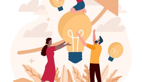 illustration of people lifting up a large light bulb