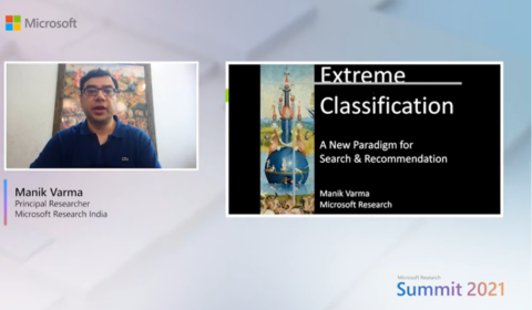 Manik Varma giving a Keynote on Extreme classification for dense retrieval and personalized recommendation at the Microsoft Research Summit 2021