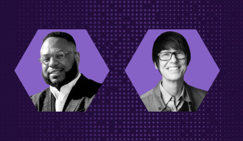 Portraits of Dr. Desmond Patton, Professor of Social Work; Senior Associate Dean of Academic Affairs and Curriculum Innovation at Colombia and Microsoft researcher Mary L. Gray with a purple background.