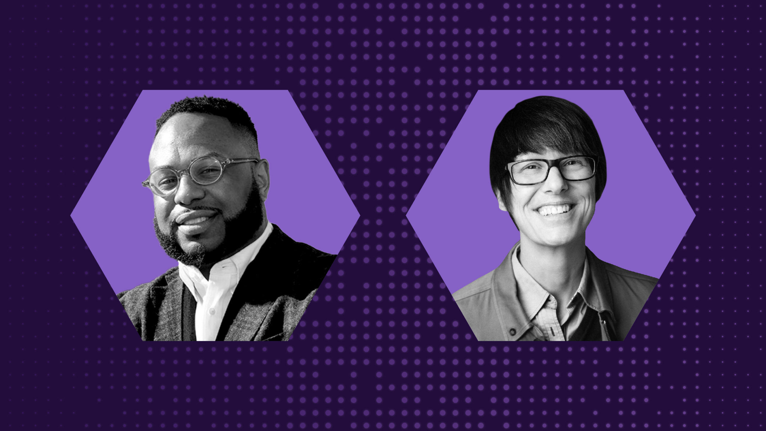 Headshots of podcast guest Desmond Patton and host Mary Gray side by side and set against a dark purple background. Each headshot is contained within a hexagon shape.